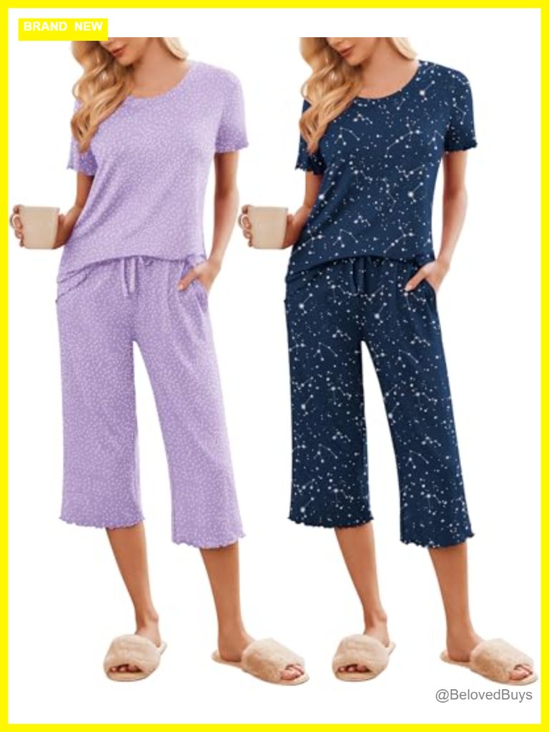 2 Pack Women's Pajama Set Short Sleeve Capri Pants Sleepwear Loungewear With